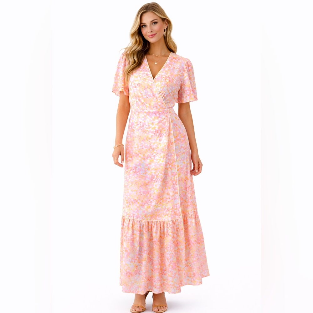 LaRoque Floral Wrap Midi Dress Pink Yellow Cottagecore Preppy Feminine Small - Picture 2 of 16